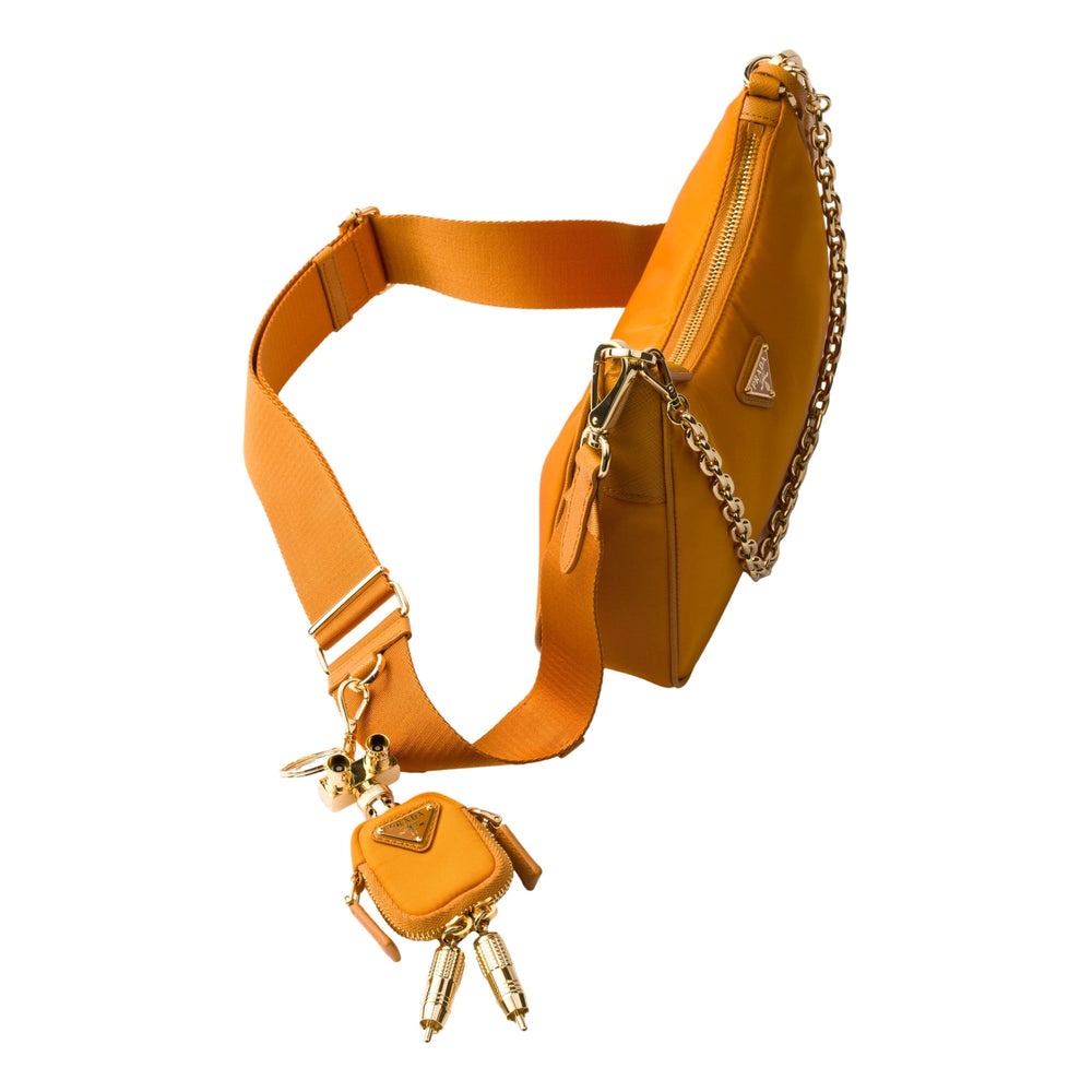 Prada Re-Edition 2005 Orange Re-Nylon and Saffiano Leather Shoulder Bag with Robot Charm Strap