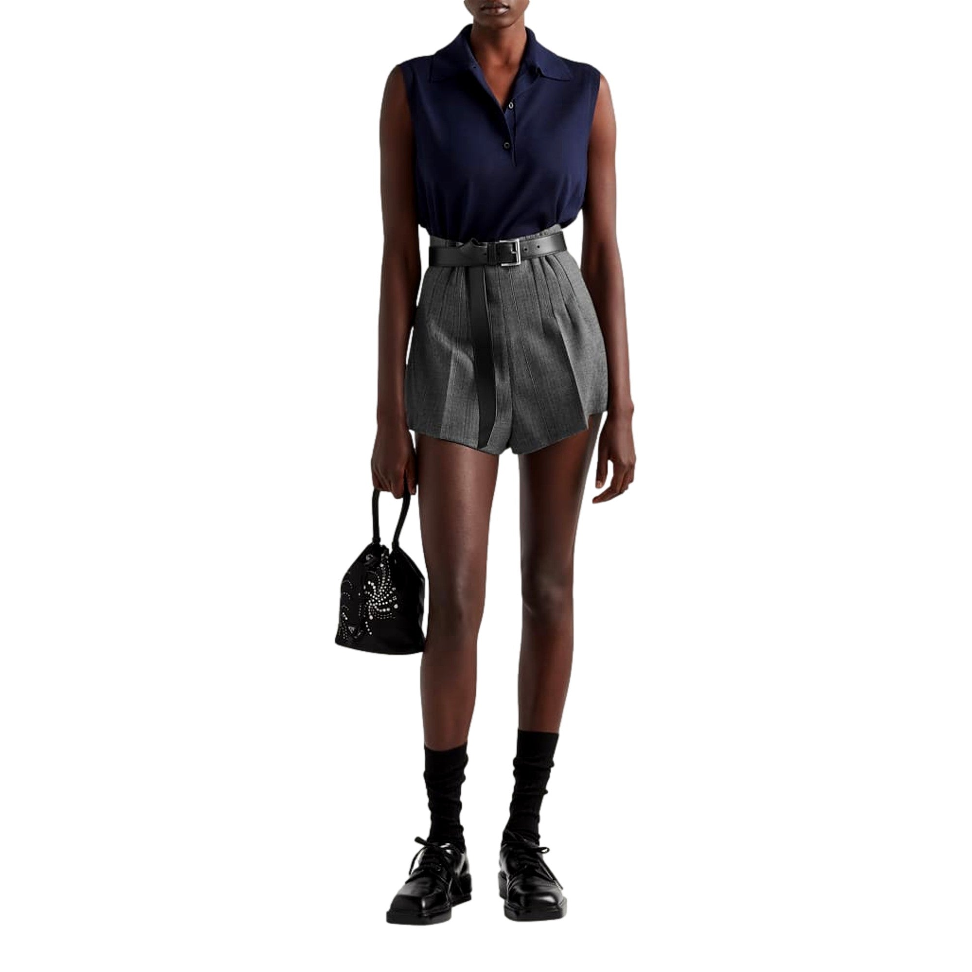 Prada Re-Nylon Mini Drawstring Bucket Bag Black Beaded Embroidered