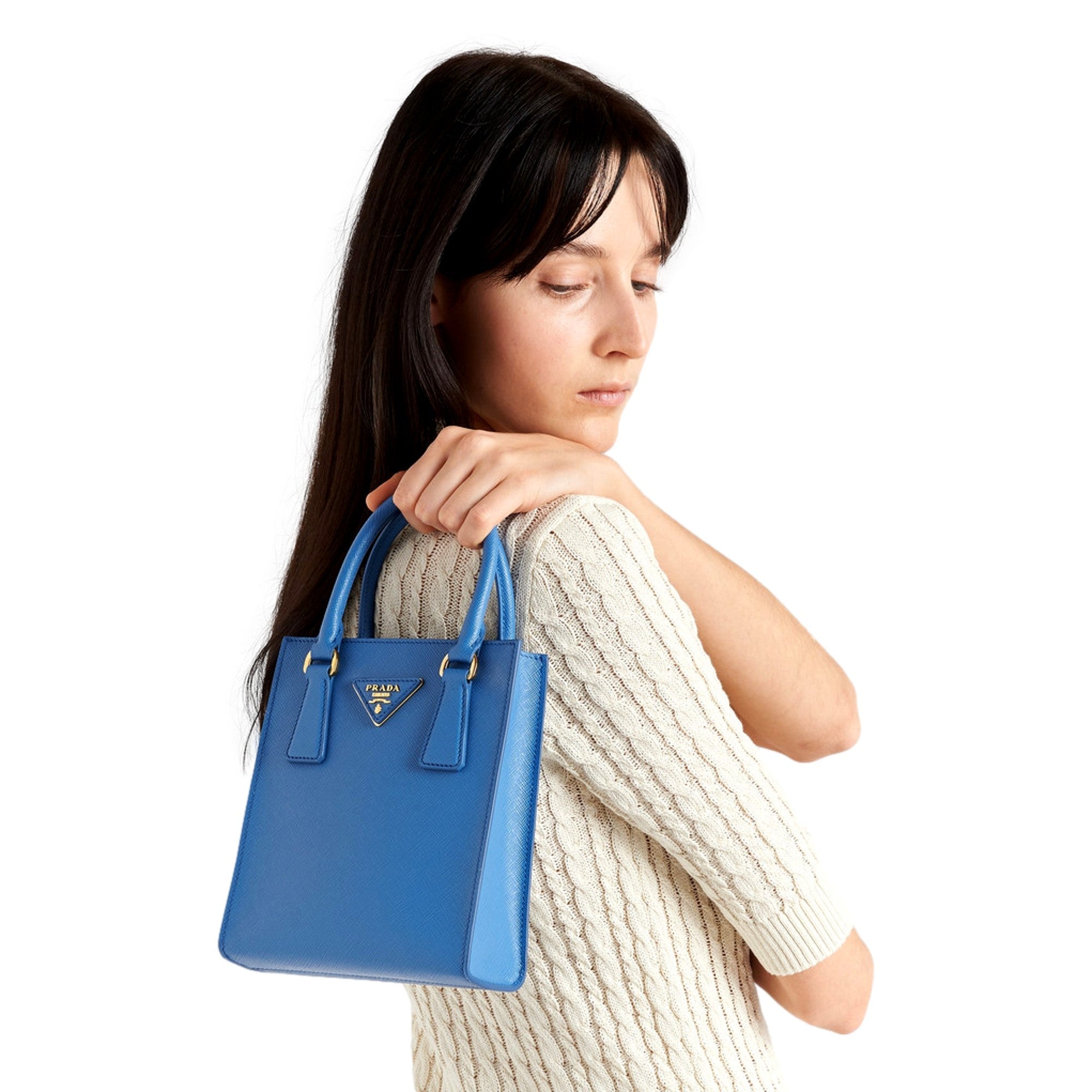 Prada Saffiano Leather Top Handle Mini Shopper Crossbody Bag in Blue