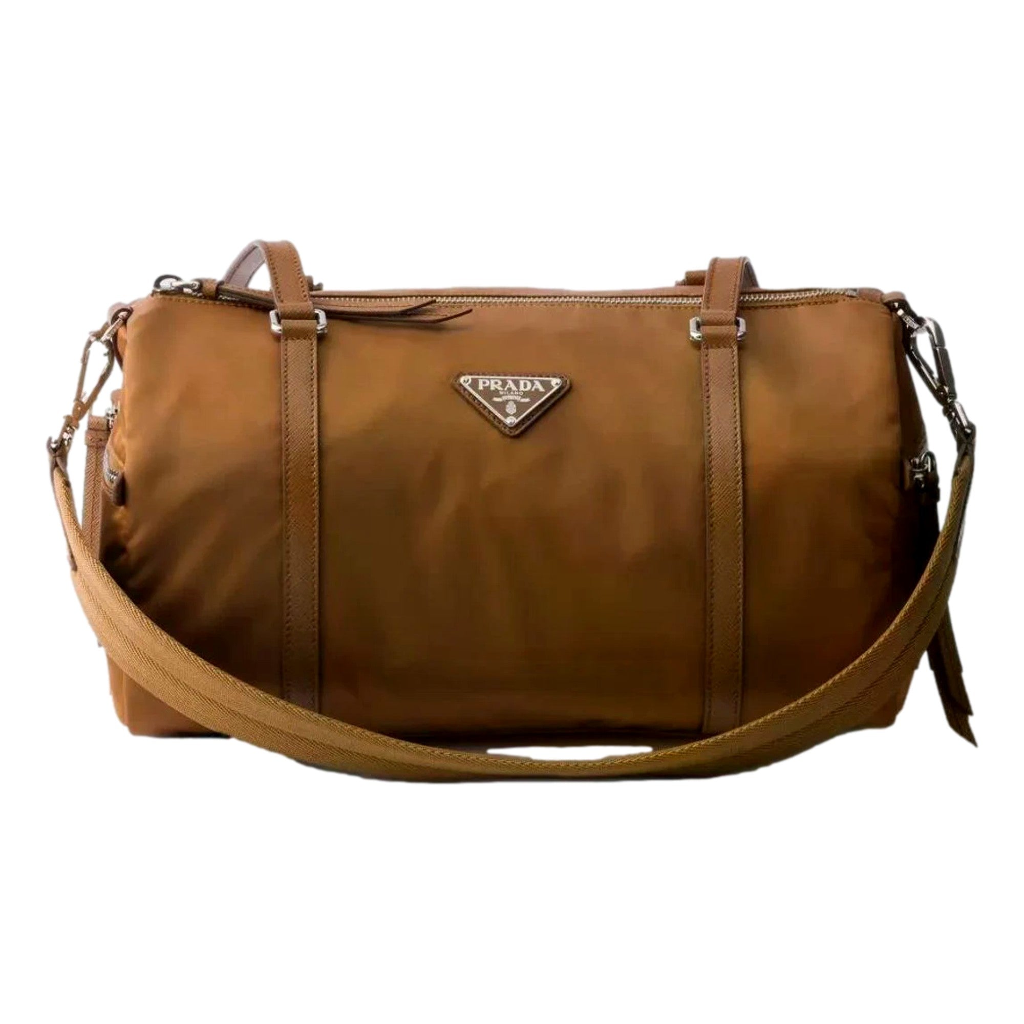 Prada Small Re-Nylon and Saffiano Leather Duffel Bag Brown