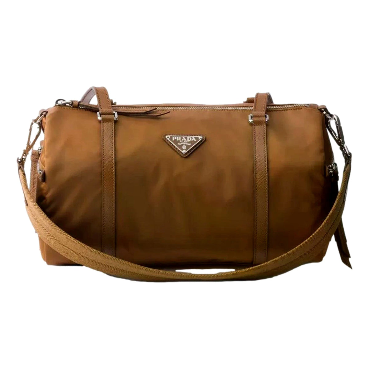 Prada Small Re-Nylon and Saffiano Leather Duffel Bag Brown