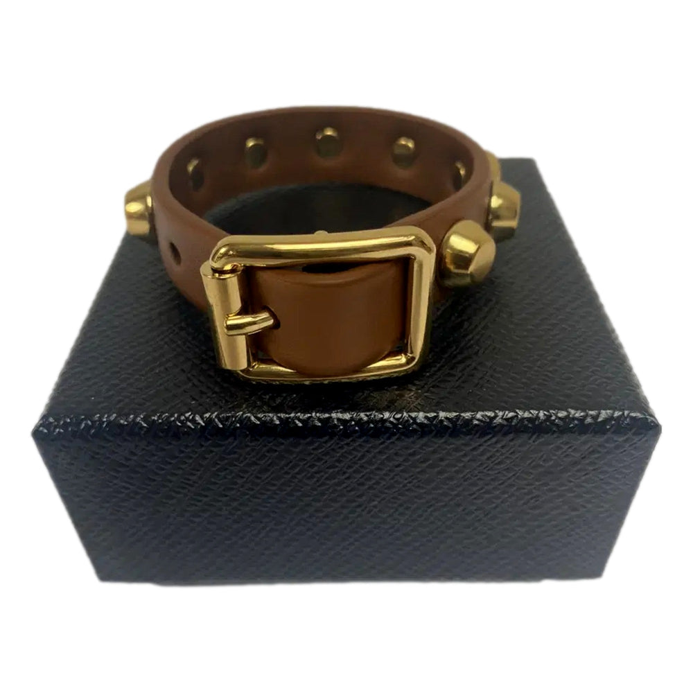 Prada Studded Brown Leather Bracelet Gold Tone Hardware