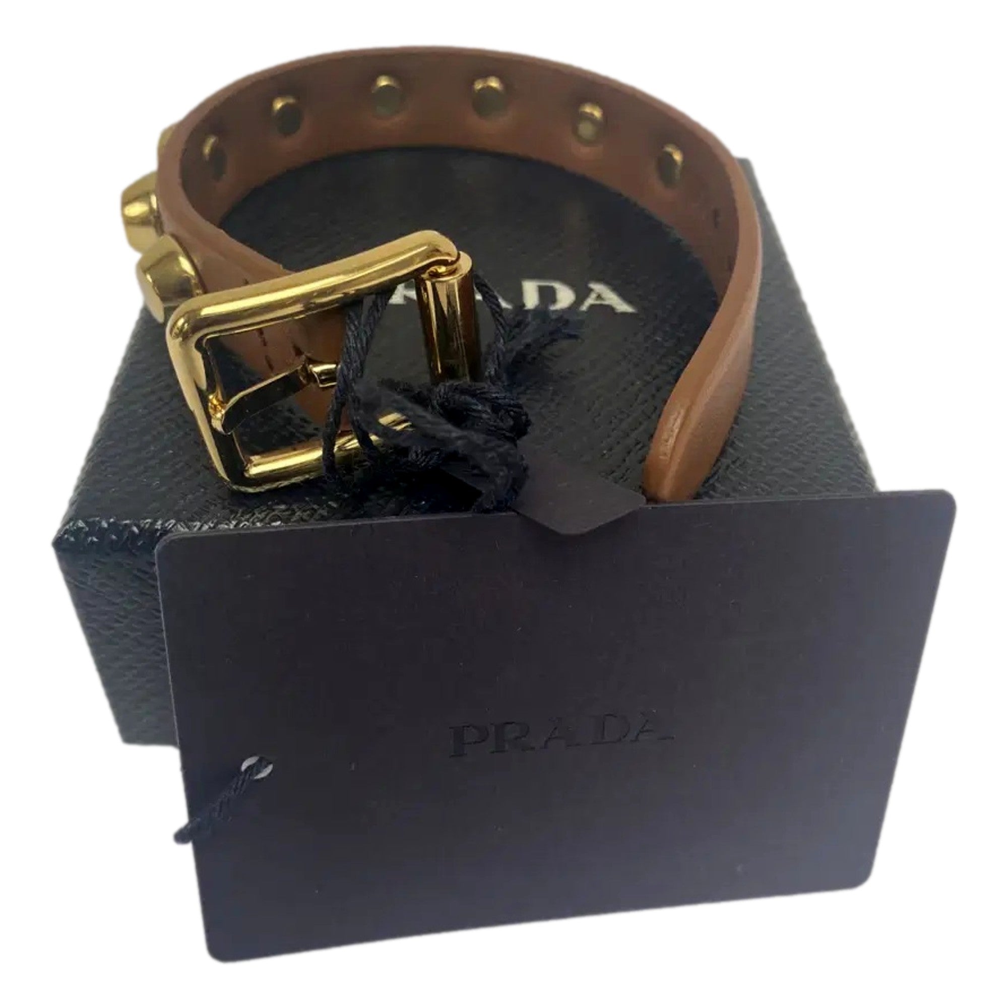 Prada Studded Brown Leather Bracelet Gold Tone Hardware