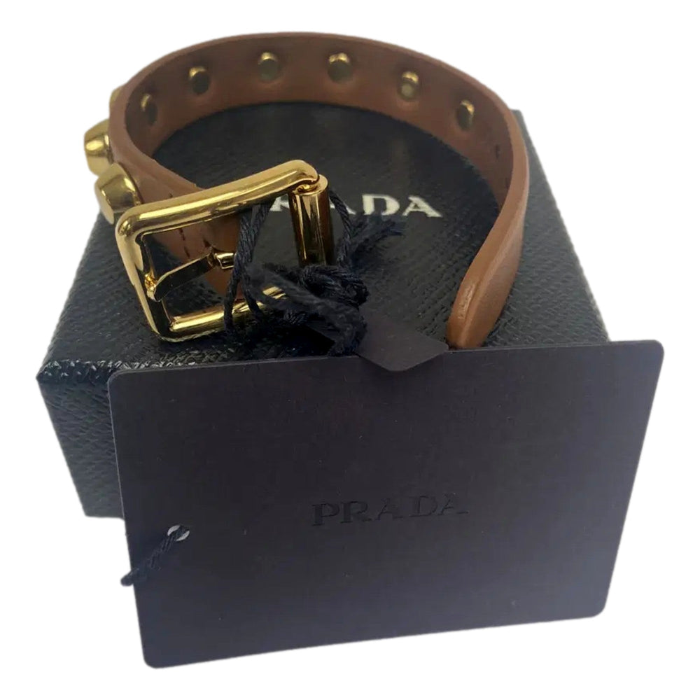 Prada Studded Brown Leather Bracelet Gold Tone Hardware