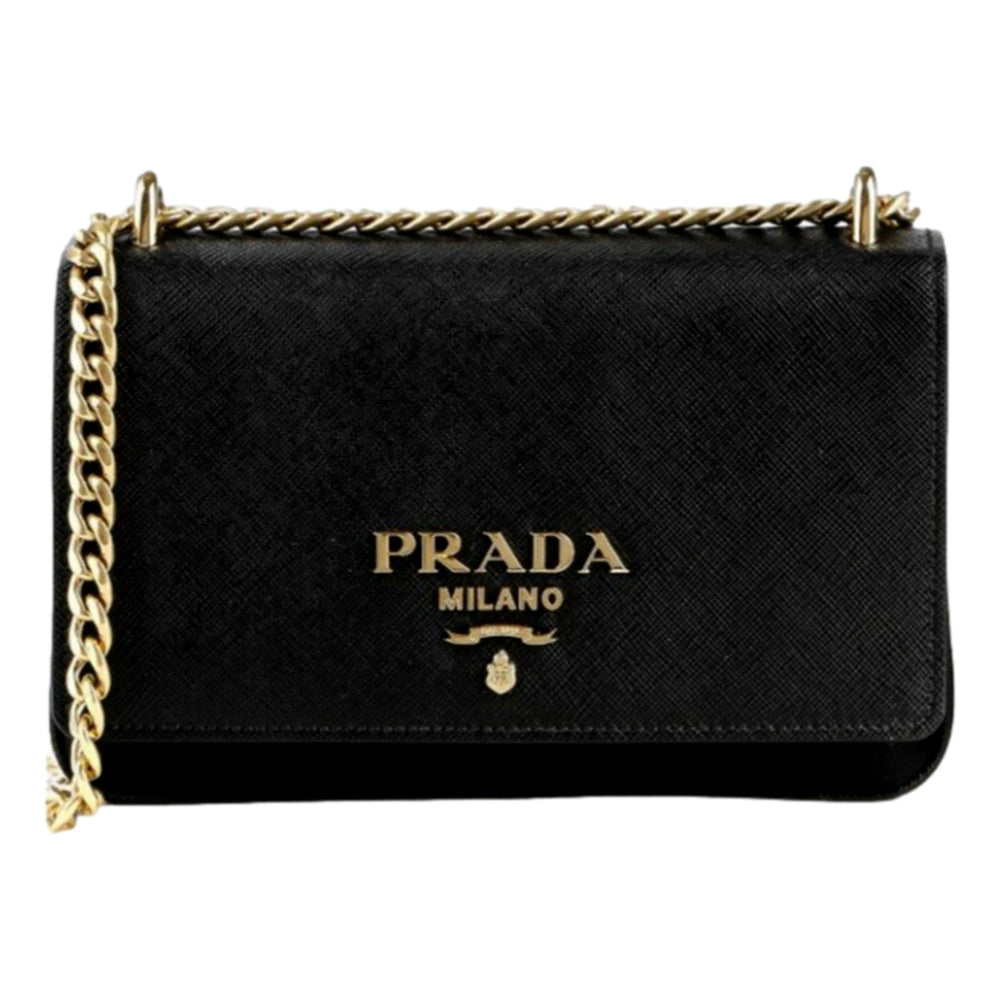 Prada Tessuto and Saffiano Leather Black Crossbody Bag with Gold Chain Strap
