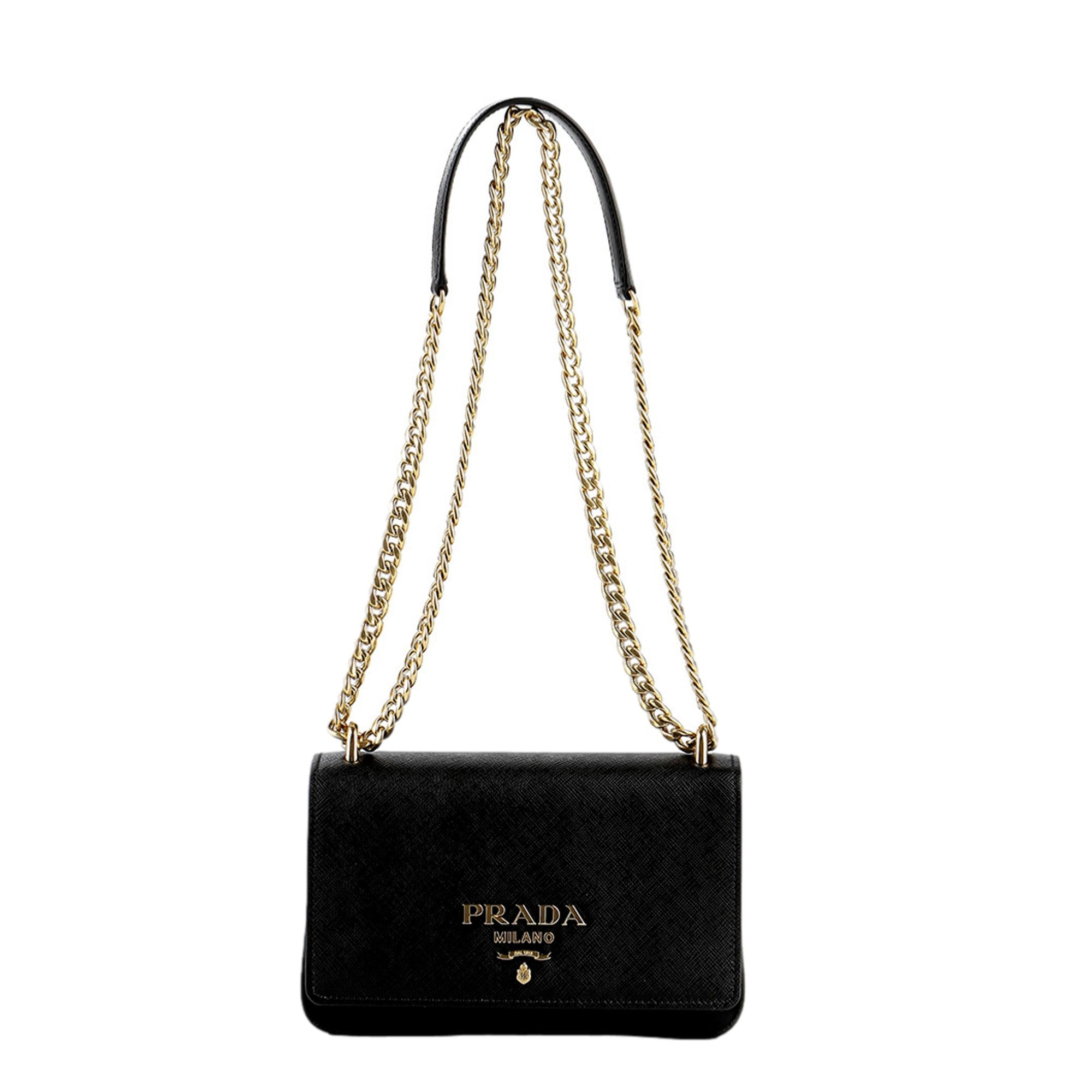 Prada Tessuto and Saffiano Leather Black Crossbody Bag with Gold Chain Strap