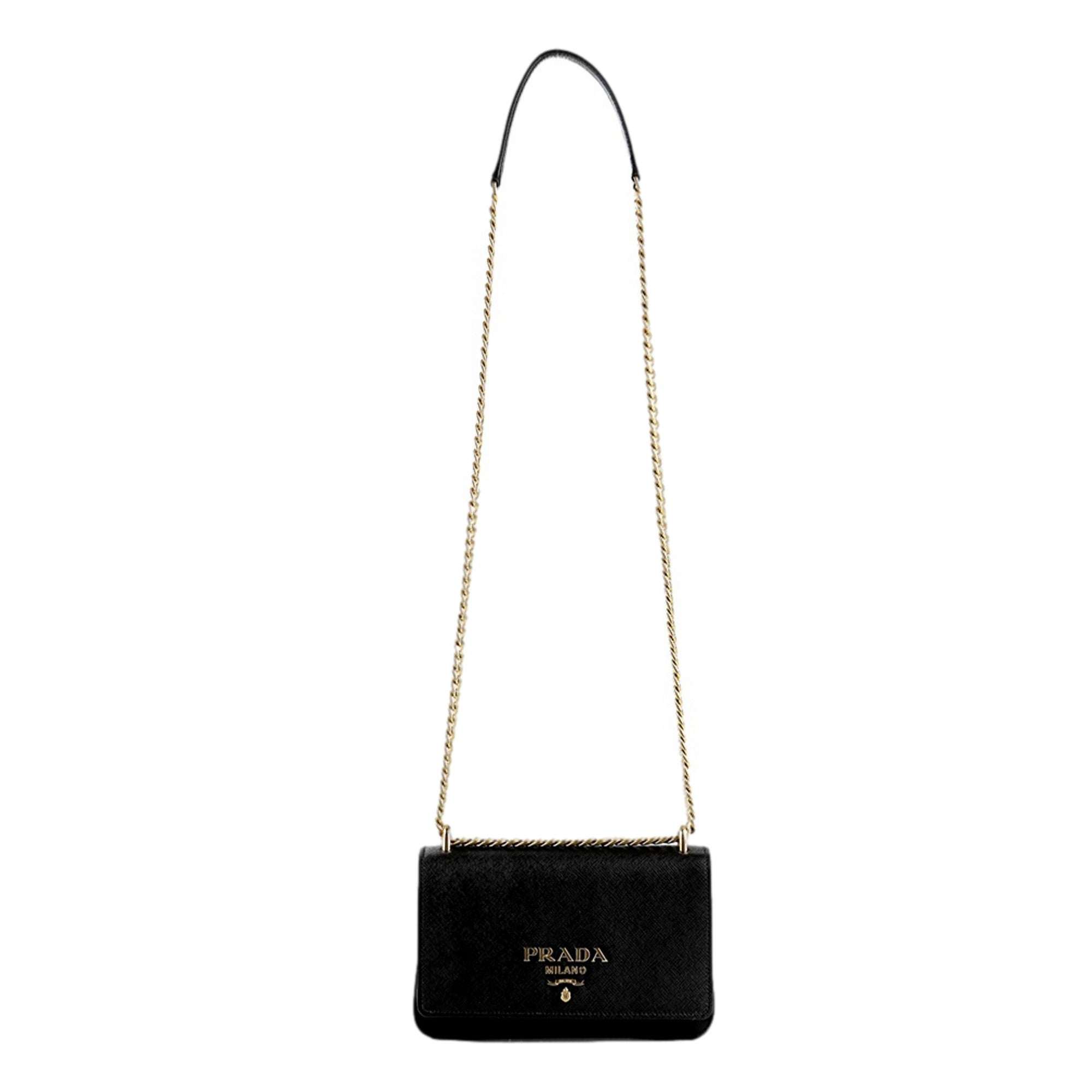 Prada Tessuto and Saffiano Leather Black Crossbody Bag with Gold Chain Strap
