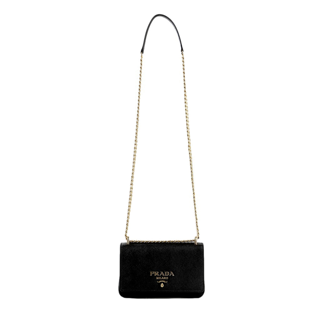 Prada Tessuto and Saffiano Leather Black Crossbody Bag with Gold Chain Strap