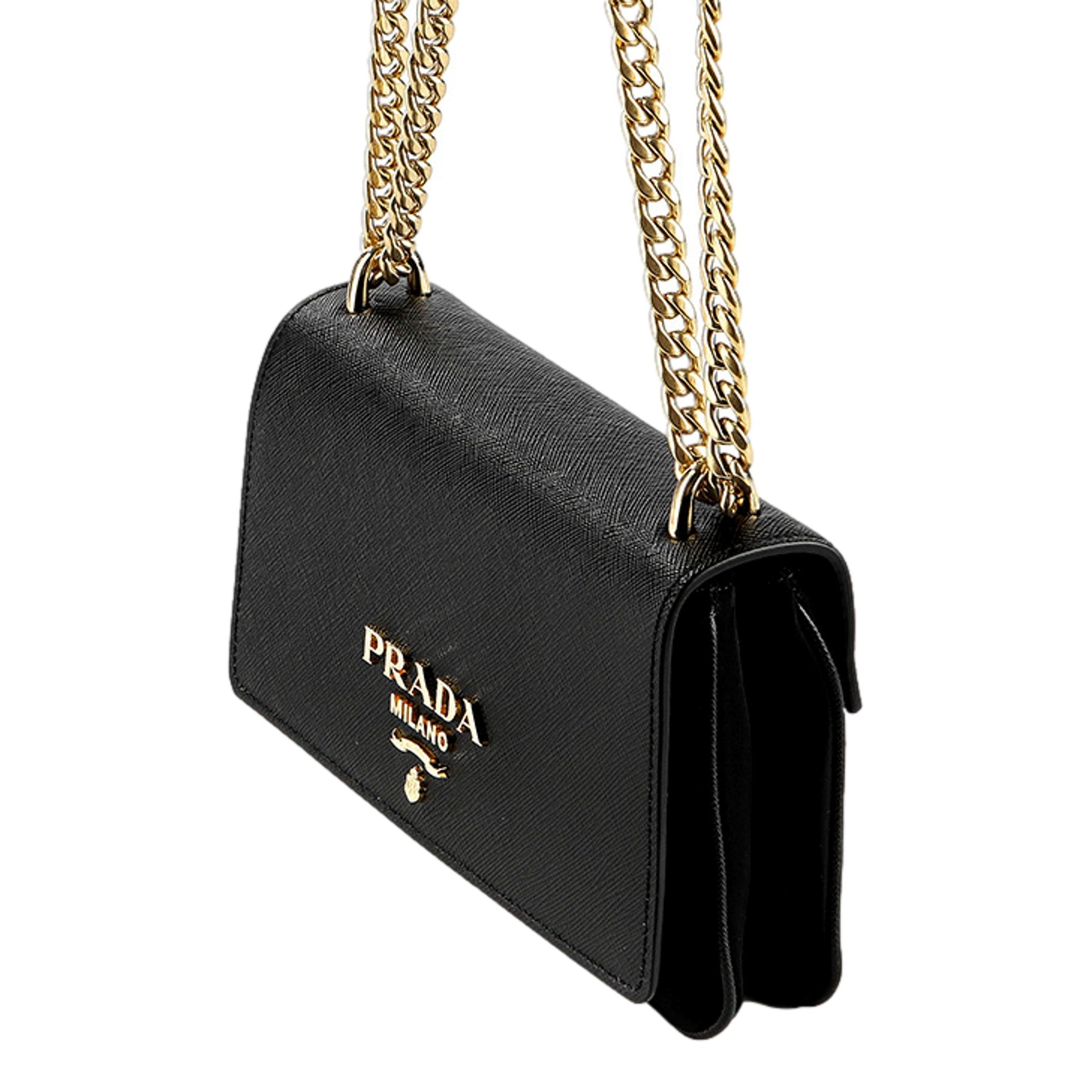 Prada Tessuto and Saffiano Leather Black Crossbody Bag with Gold Chain Strap
