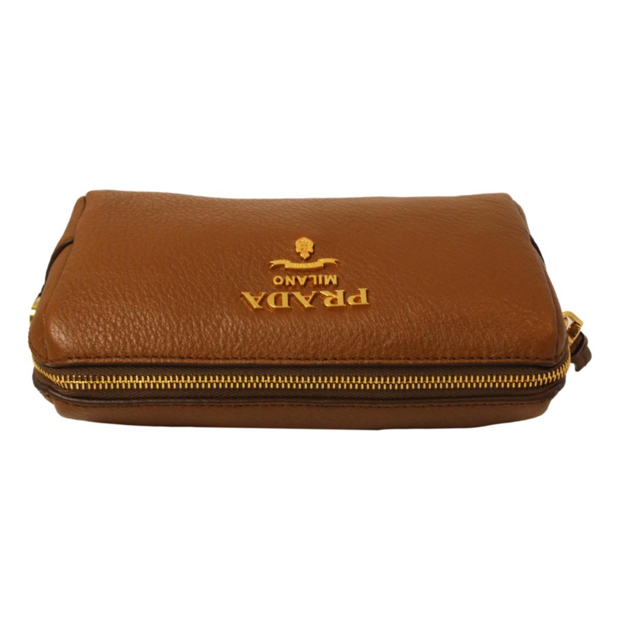 Prada Brown Leather Cosmetic Pouch Clutch Bag Vitello Daino