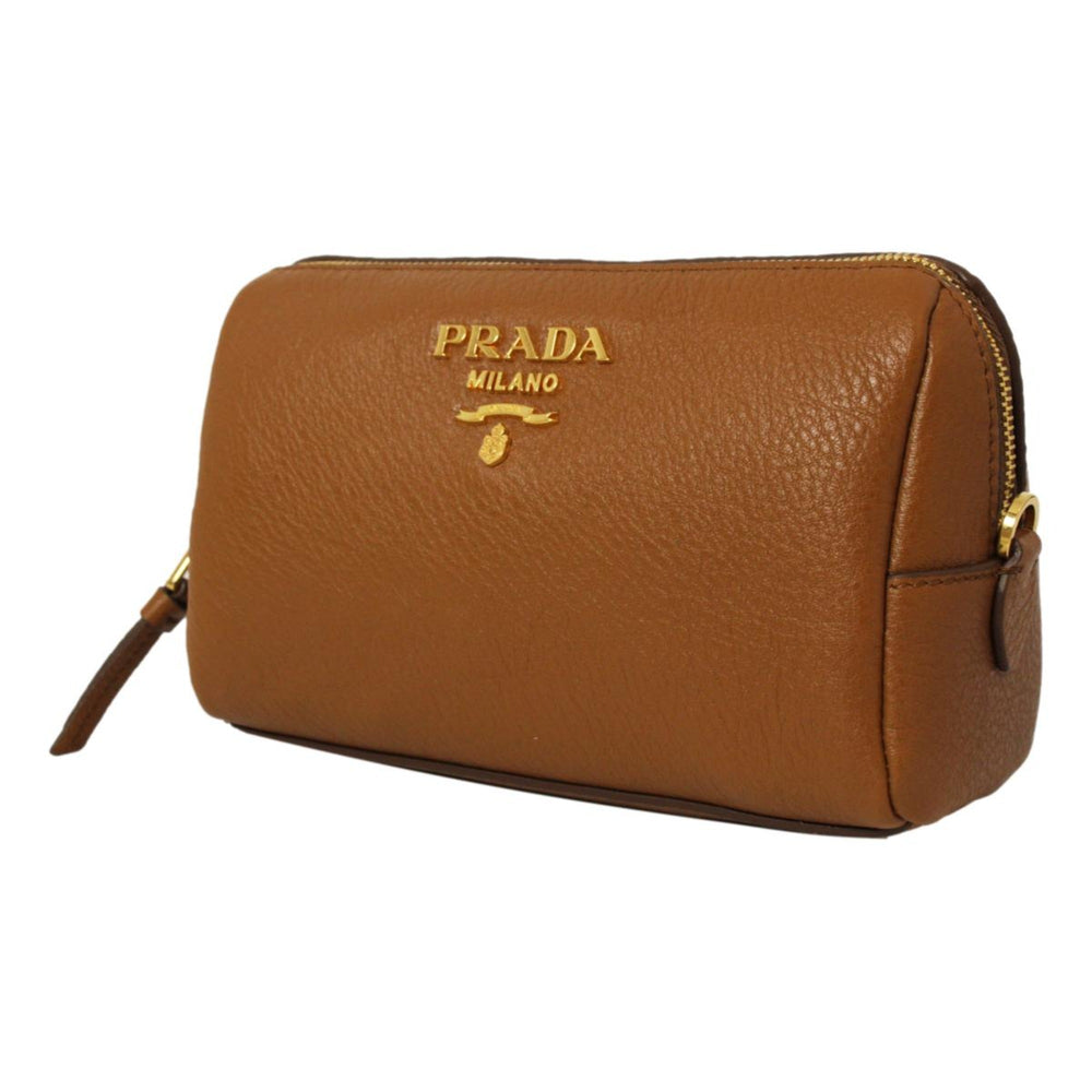 Prada Brown Leather Cosmetic Pouch Clutch Bag Vitello Daino