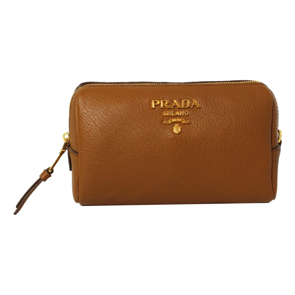 Prada Brown Leather Cosmetic Pouch Clutch Bag Vitello Daino