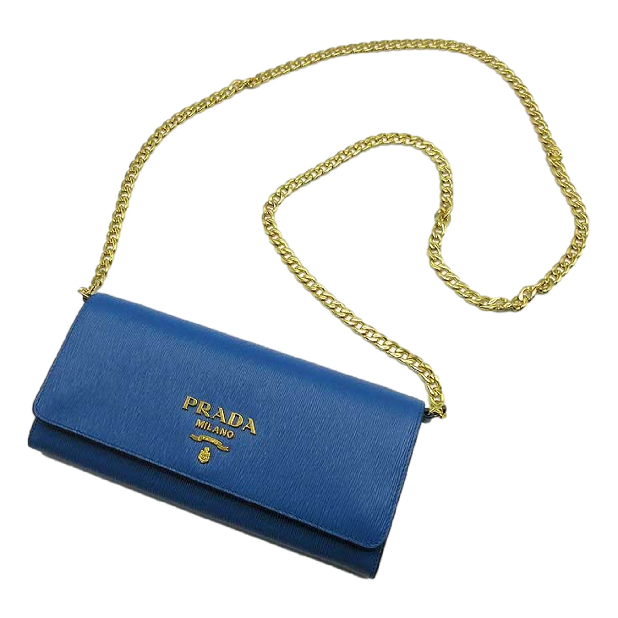 Prada Vitello Move Cobalto Blue Leather Chain Crossbody Wallet Clutch