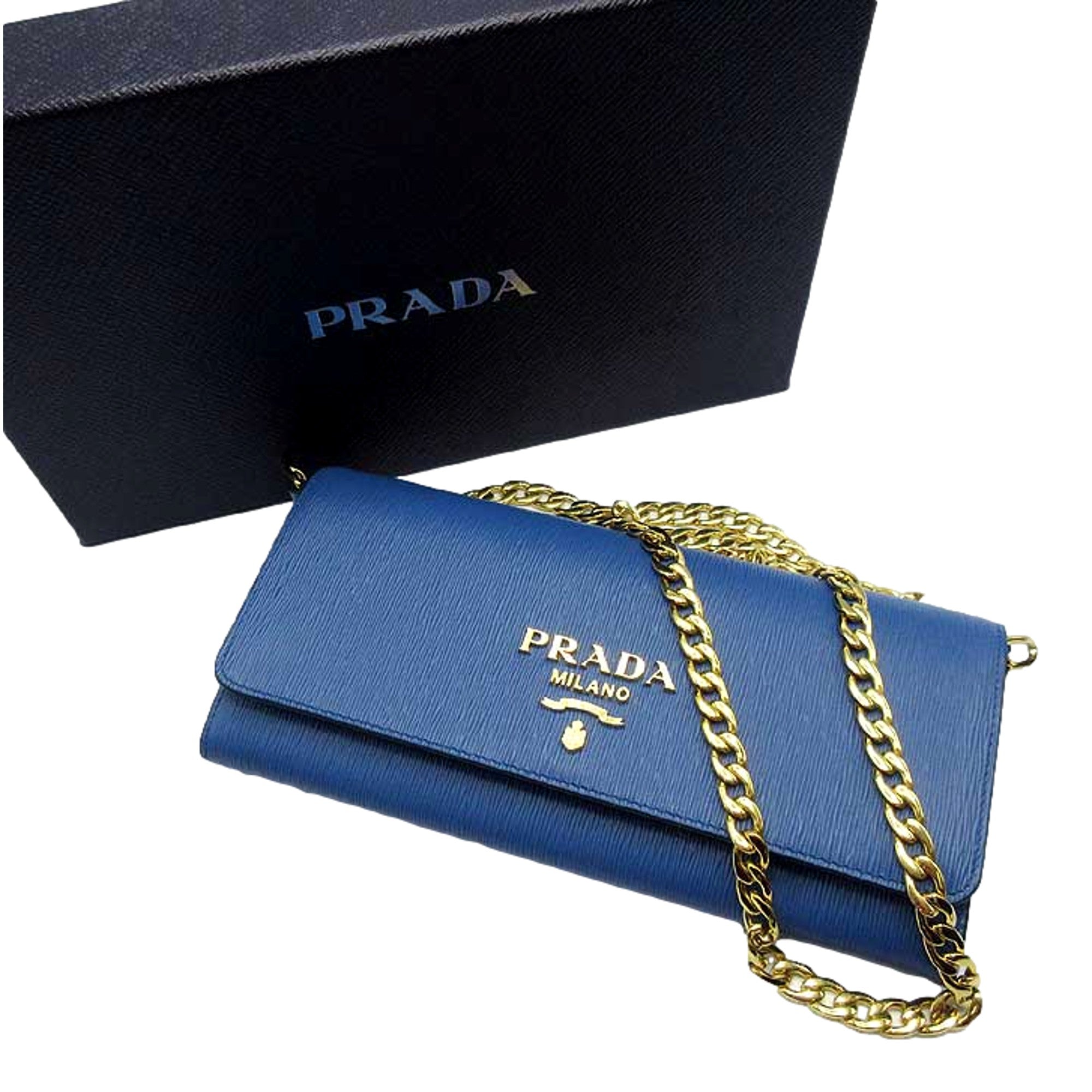 Prada Vitello Move Cobalto Blue Leather Chain Crossbody Wallet Clutch