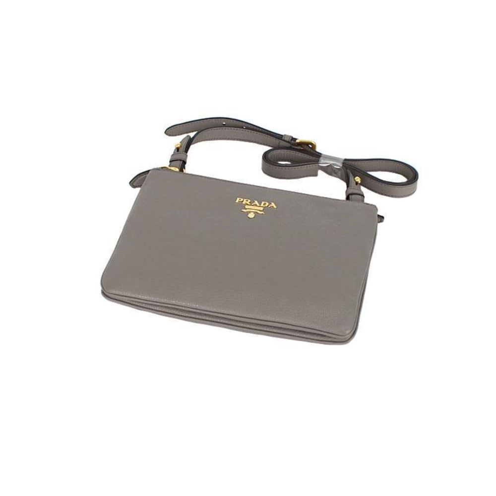 Prada Vitello Phenix Argilla Gray Leather Logo Plaque Crossbody Bag