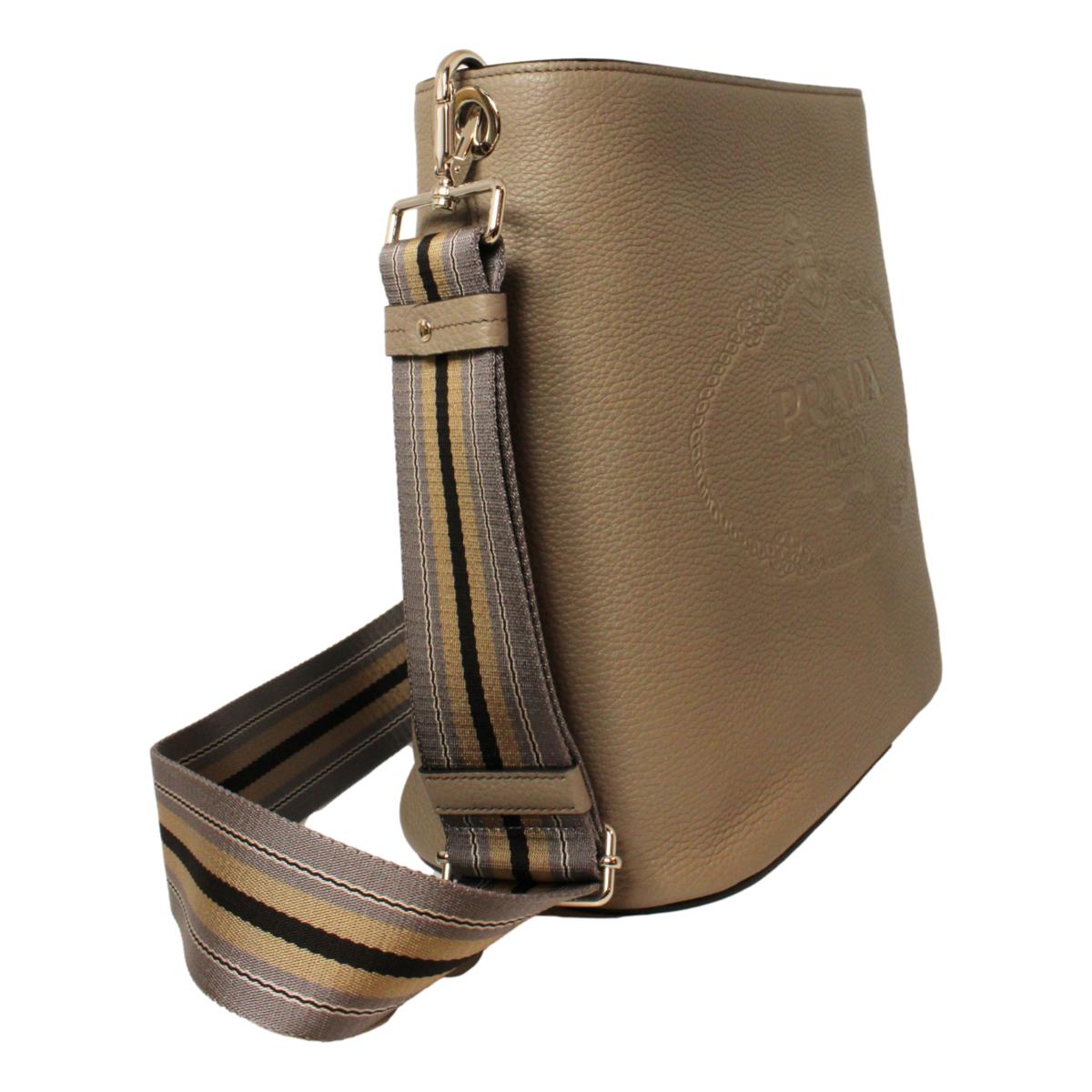 Prada Vitello Phenix Grey Leather Stripe Strap Bucket Bag Crossbody