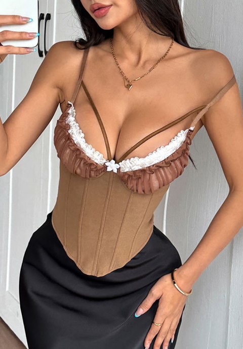 Chic Brown Corset Bustier with Lace Detail