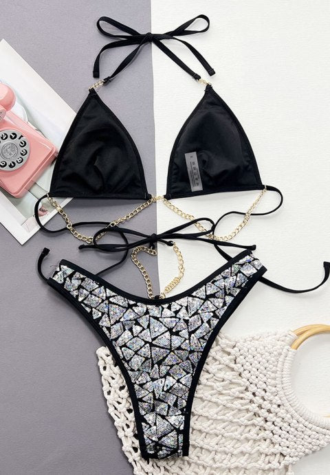 Shimmering Diamond-Print Bikini with Chain Detail