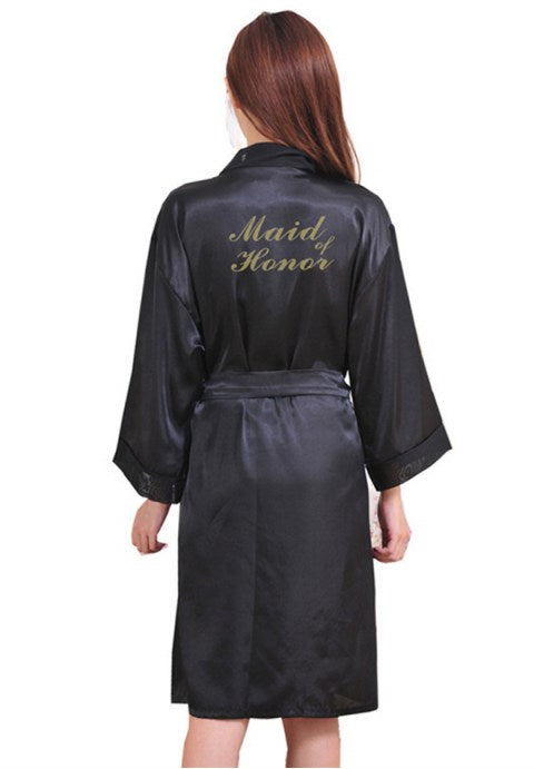 Maid of Honor Satin Long Sleeves Kimono Robe with Gold Glitter