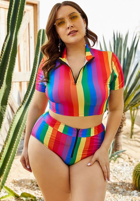 Plus Tonal Stripe High Waist Bikini Set