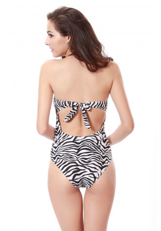 Zebra Printed Halter Cut Out Monokini