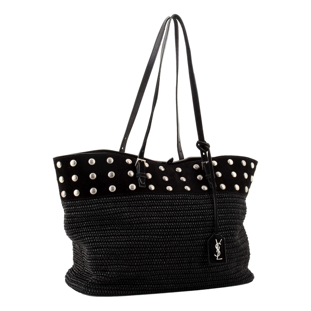 Saint Laurent Boucle Studded Raffia & Suede Shopping Tote Black