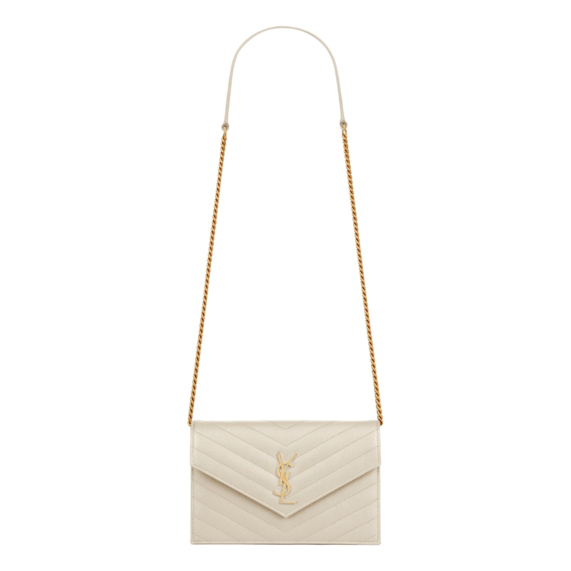 Saint Laurent Cassandre Envelope Chain Wallet Crossbody Bag in Crema White