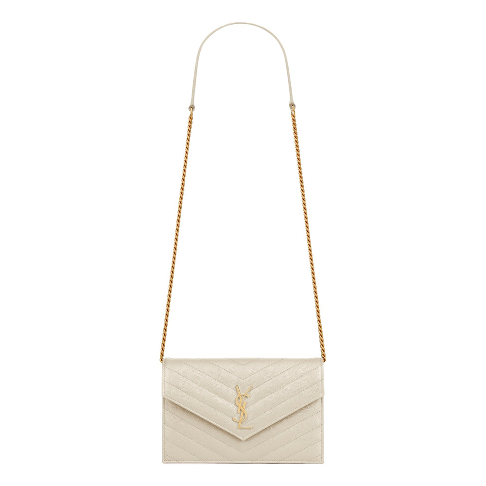 Saint Laurent Cassandre Envelope Chain Wallet Crossbody Bag in Crema White