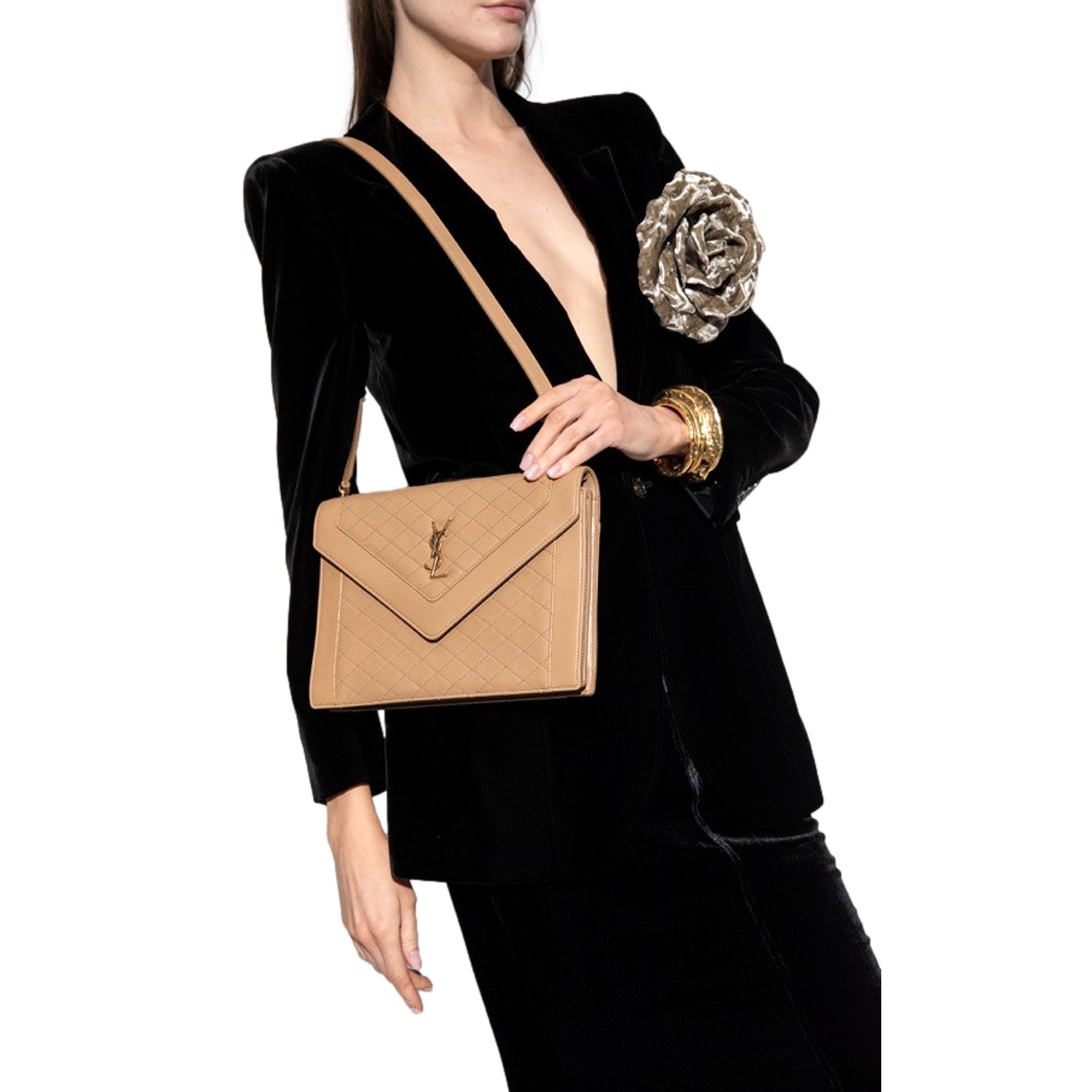 Saint Laurent Gaby Quilted Lambskin Shoulder Bag Beige