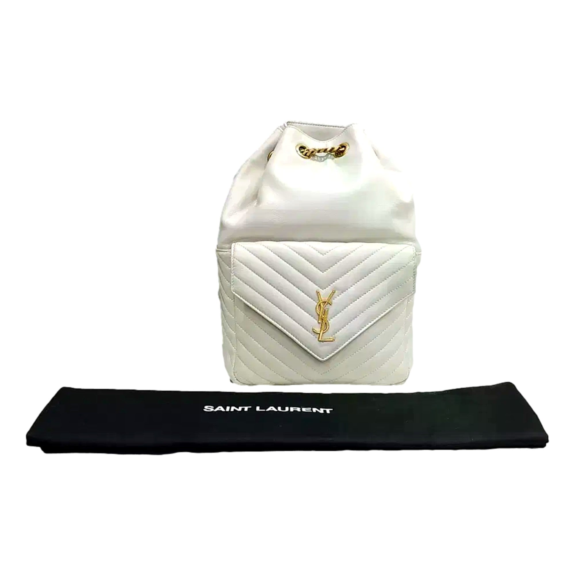 Saint Laurent Joe White Lambskin Quilted Chevron Chain Strap Backpack