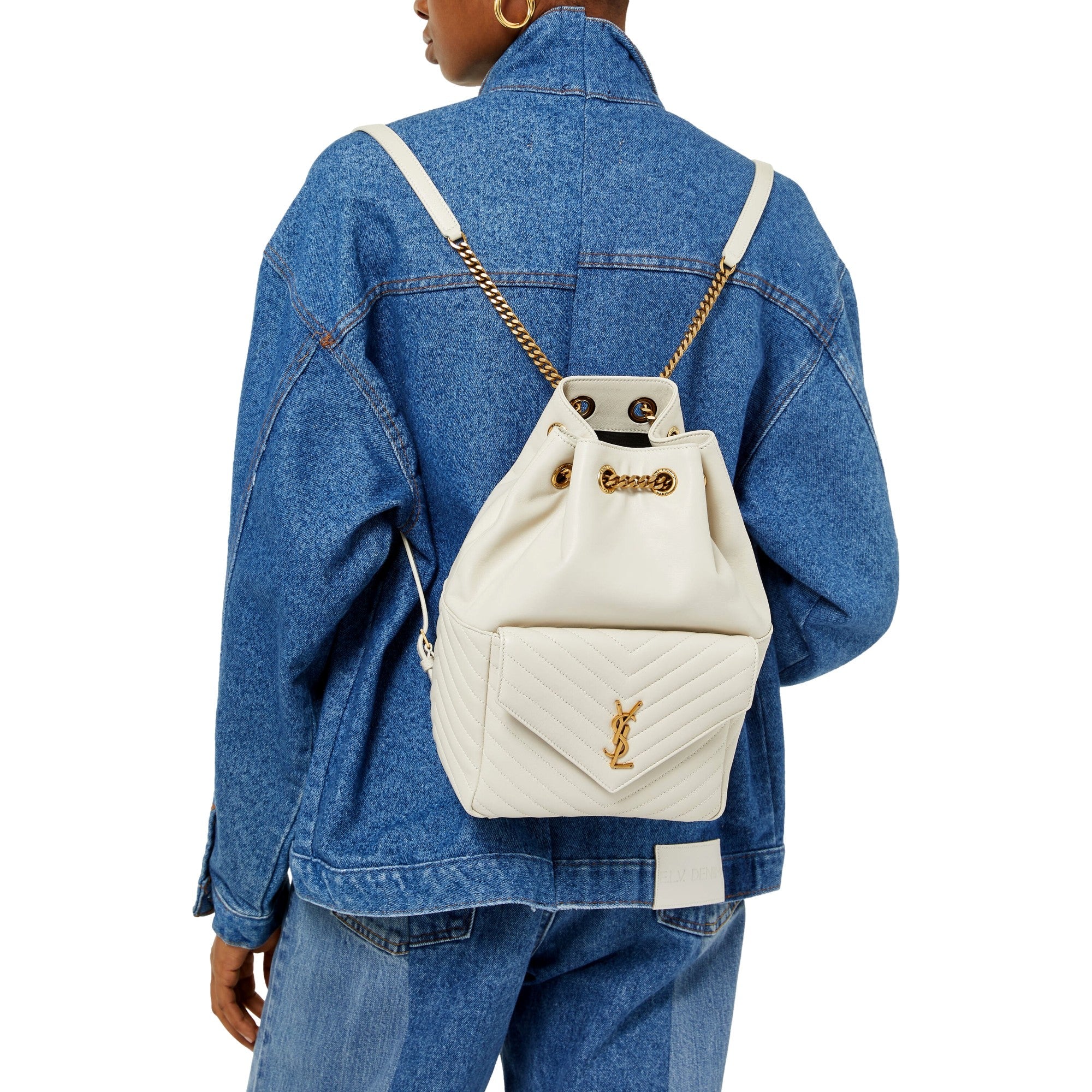 Saint Laurent Joe White Lambskin Quilted Chevron Chain Strap Backpack