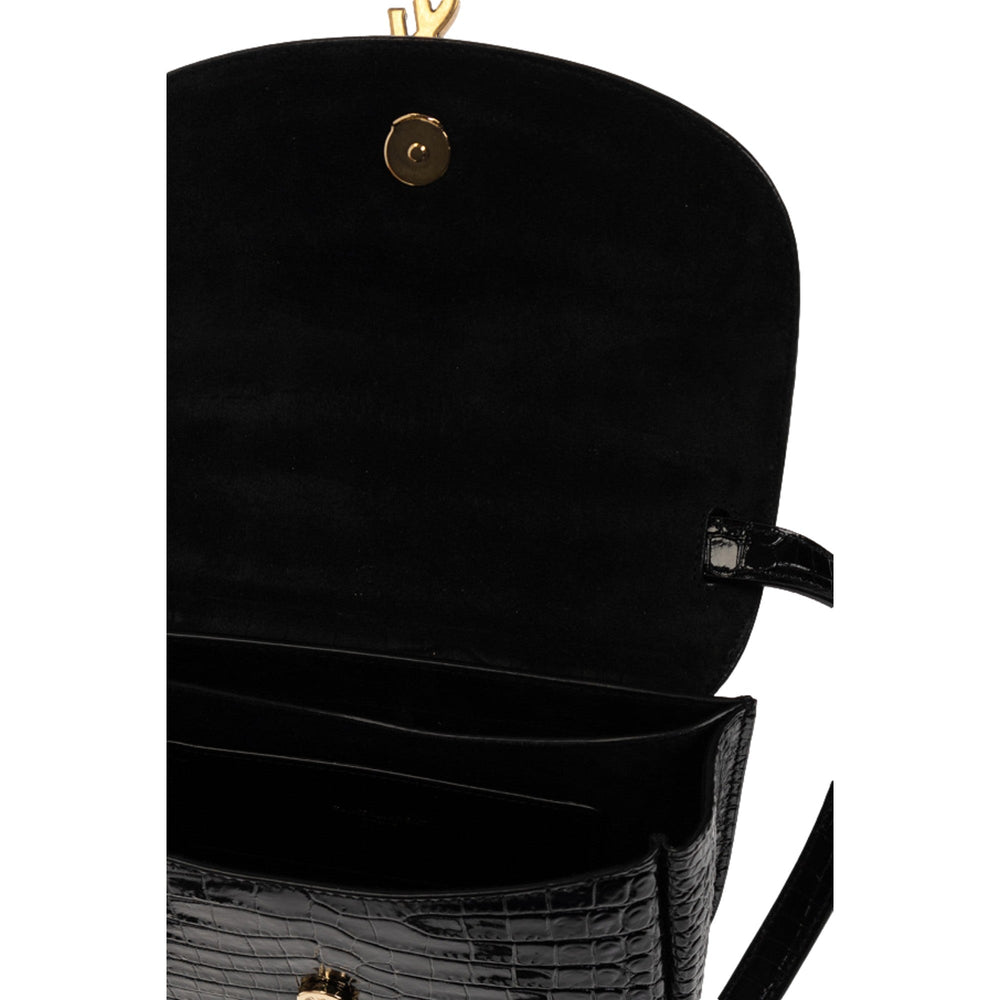 Saint Laurent Small Kaia Croc Embossed Leather Crossbody Bag Black