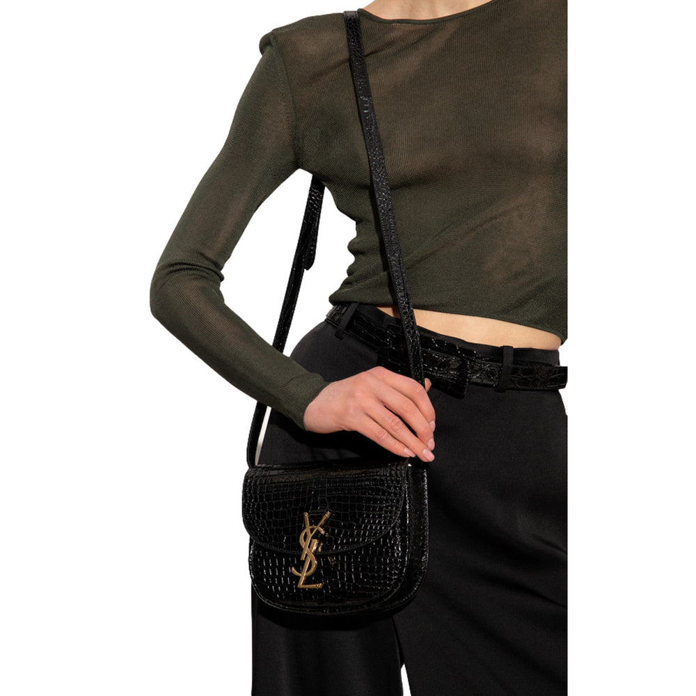 Saint Laurent Small Kaia Croc Embossed Leather Crossbody Bag Black