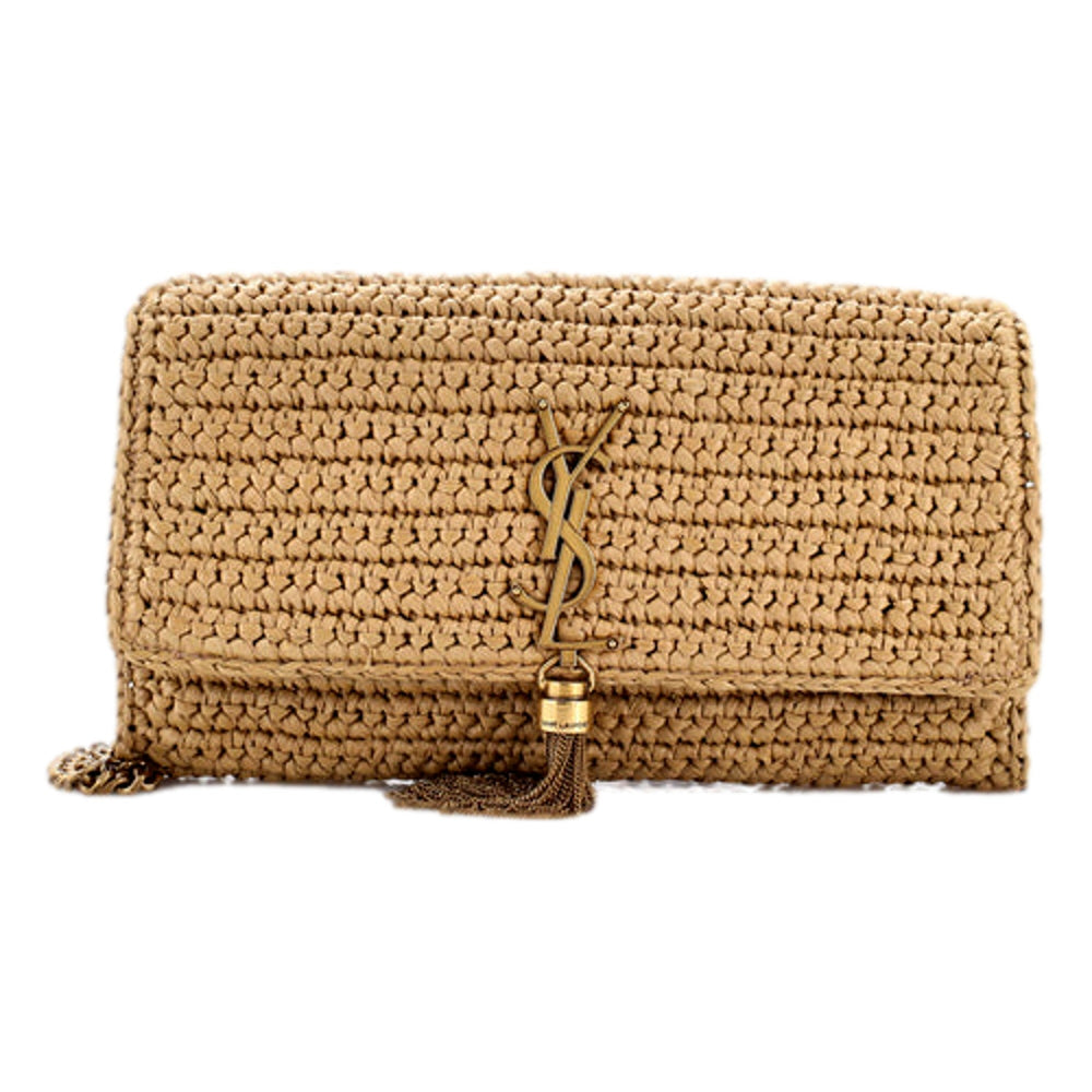 Saint Laurent Kate 99 Beige Raffia Crossbody Bag with Tassel