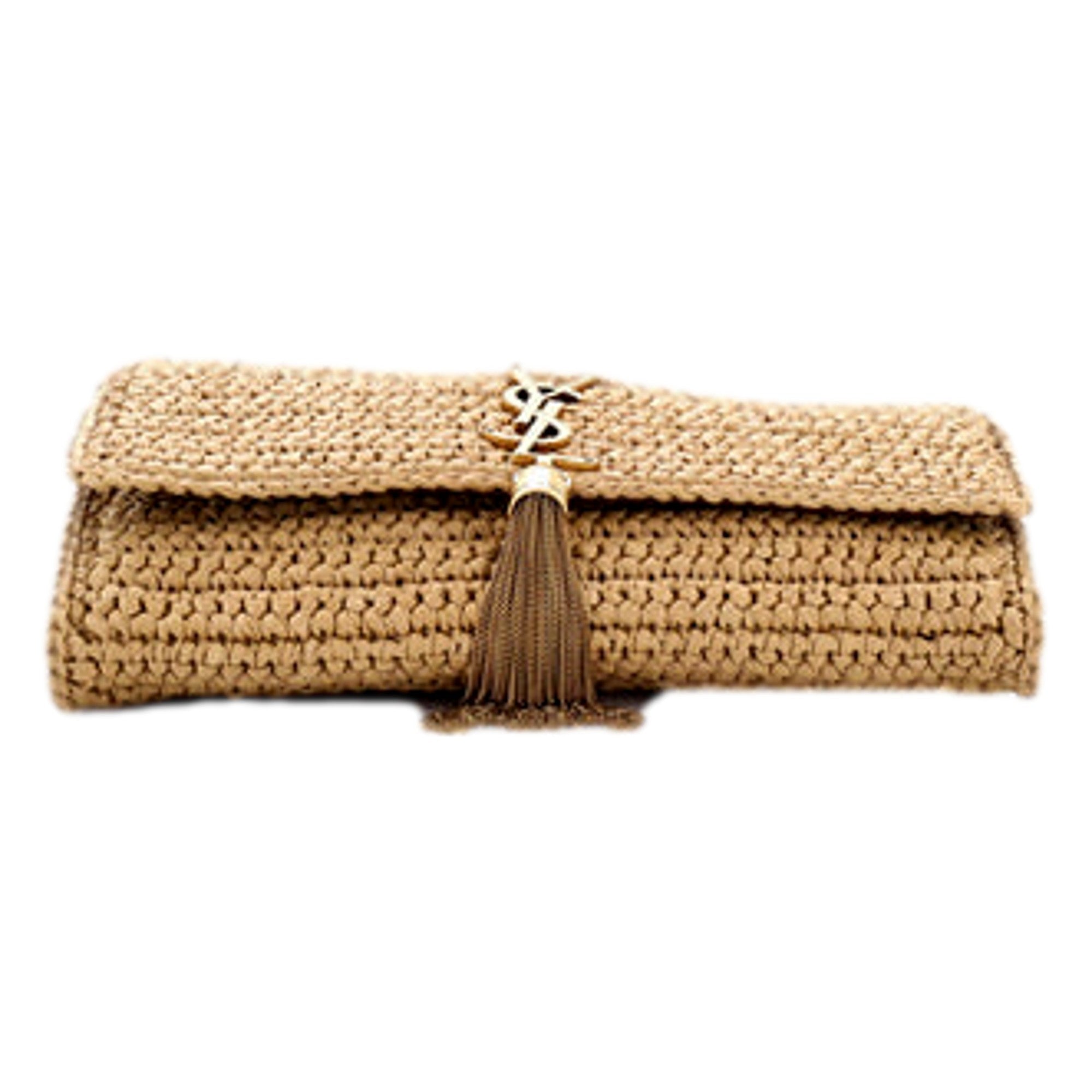 Saint Laurent Kate 99 Beige Raffia Crossbody Bag with Tassel