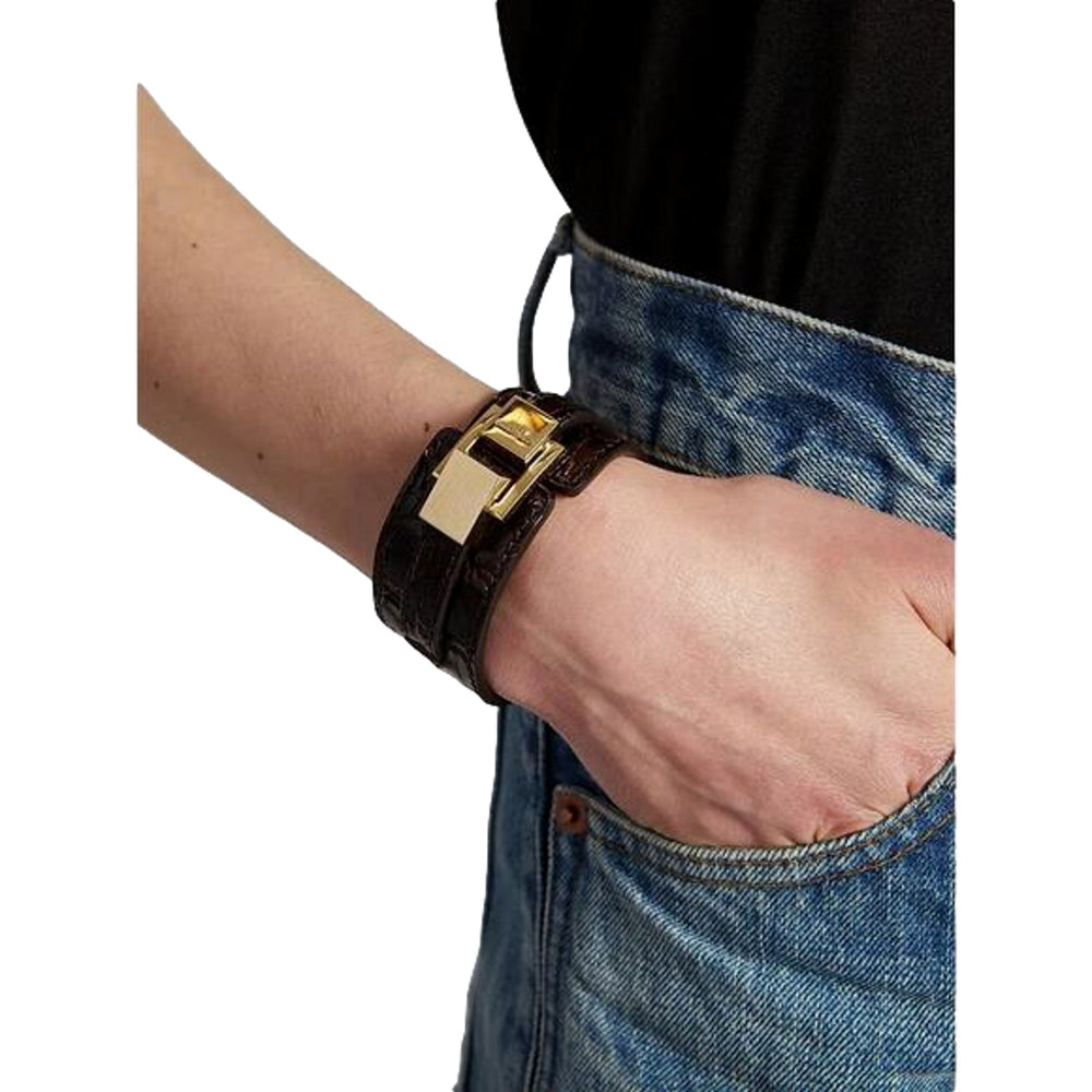 Saint Laurent Le Carre Red Croc Embossed Leather Double Wrap Bracelet Gold Square Clasp Small