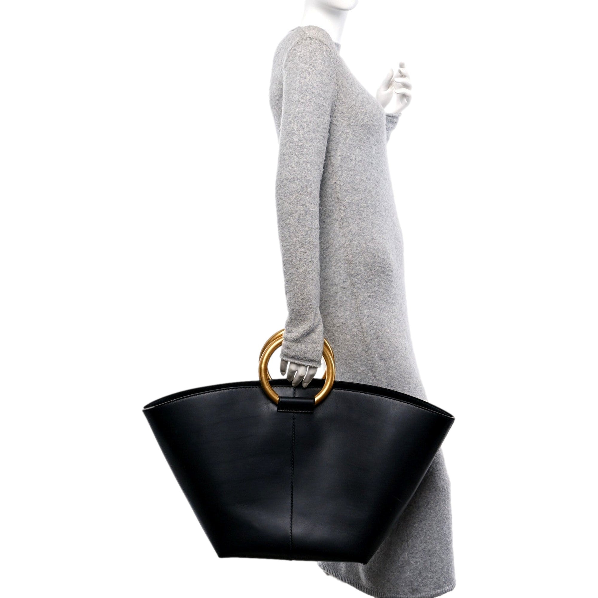 Saint Laurent Maxi Ring Handle Tote in Black Smooth Leather with Gold-Tone Ring Hardware Large