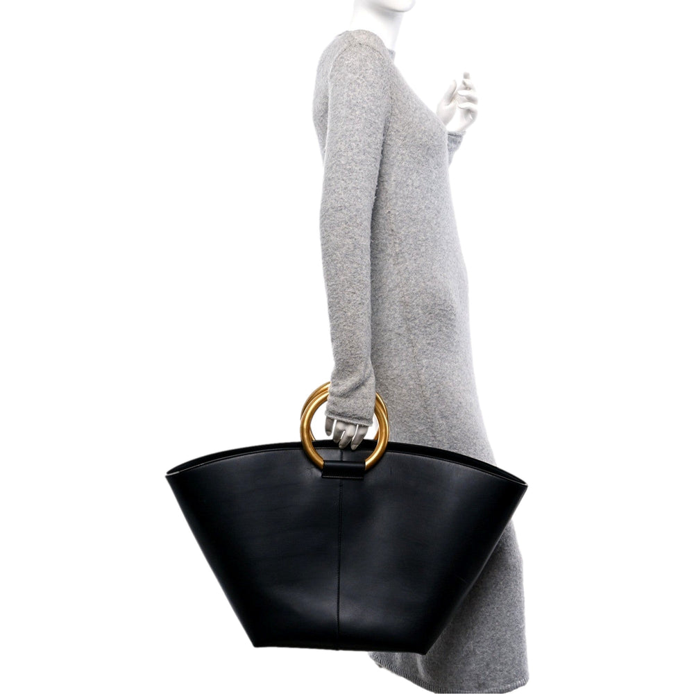 Saint Laurent Maxi Ring Handle Tote in Black Smooth Leather with Gold-Tone Ring Hardware Large