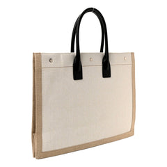 Saint Laurent Rive Gauche Large Tote in Natural Beige Canvas with Black Top Handles
