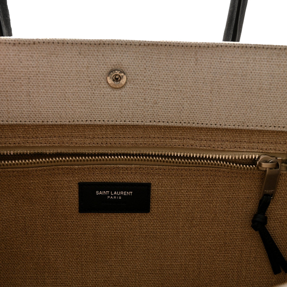 Saint Laurent Rive Gauche Large Tote in Natural Beige Canvas with Black Top Handles