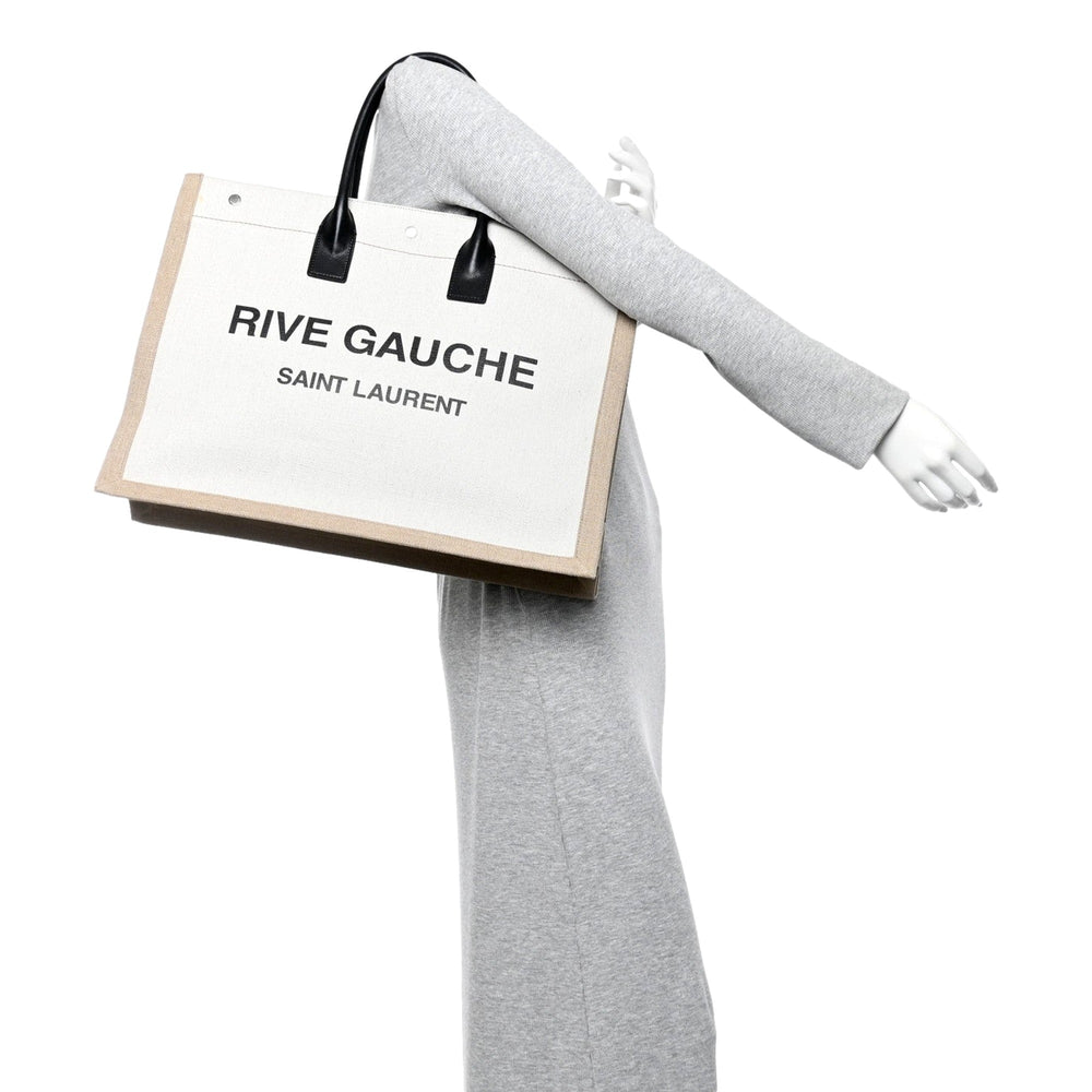 Saint Laurent Rive Gauche Large Tote in Natural Beige Canvas with Black Top Handles
