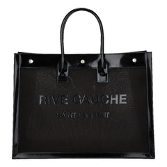 Saint Laurent Rive Gauche Large Tote Bag Black Nylon Leather Trim Silver Hardware