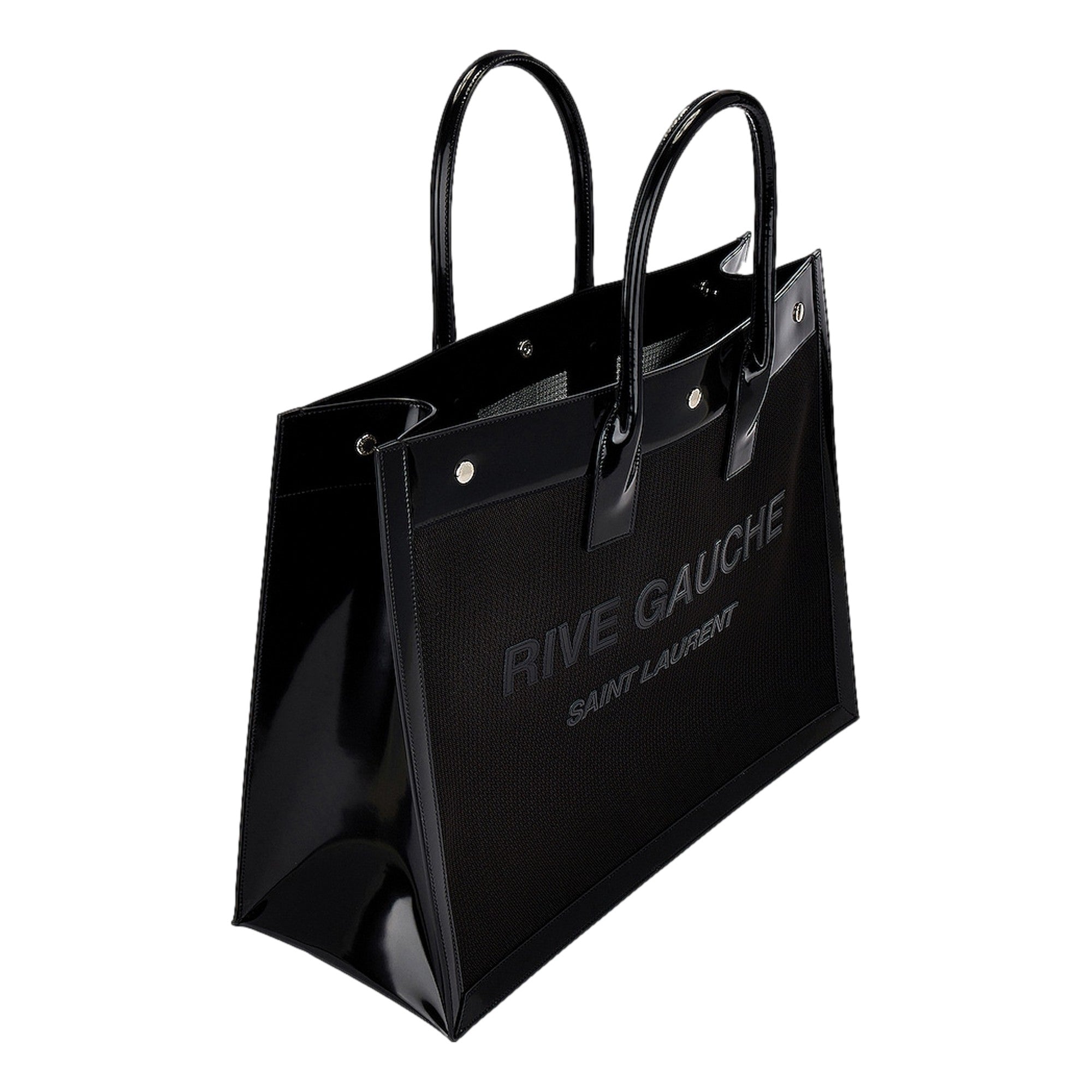Saint Laurent Rive Gauche Large Tote Bag Black Nylon Leather Trim Silver Hardware