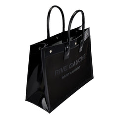 Saint Laurent Rive Gauche Large Tote Bag Black Nylon Leather Trim Silver Hardware