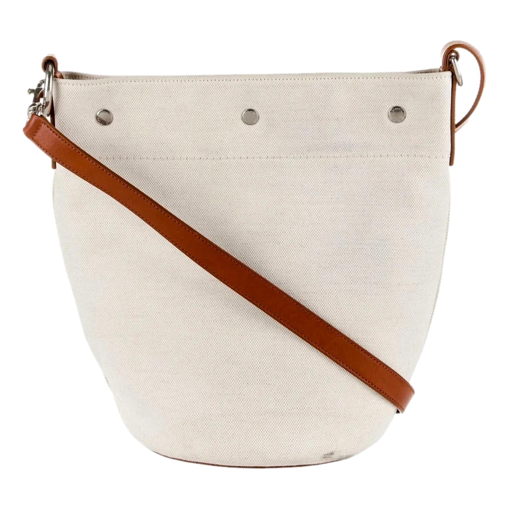 Saint Laurent Rive Gauche Brown Leather Trim Linen Bucket Bag