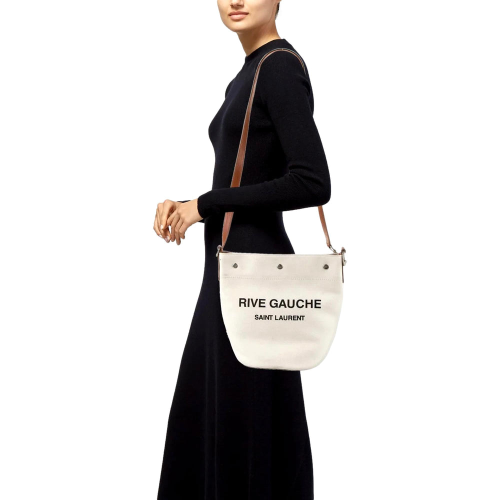Saint Laurent Rive Gauche Brown Leather Trim Linen Bucket Bag