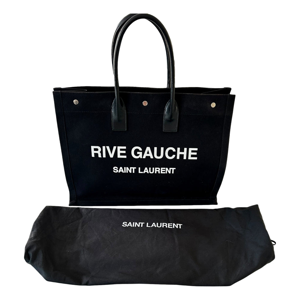 Saint Laurent Rive Gauche Black Canvas Leather Trim Tote Bag