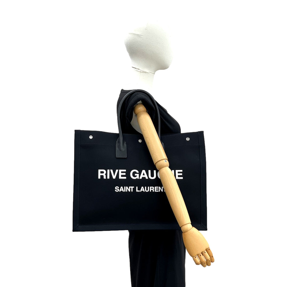 Saint Laurent Rive Gauche Black Canvas Leather Trim Tote Bag