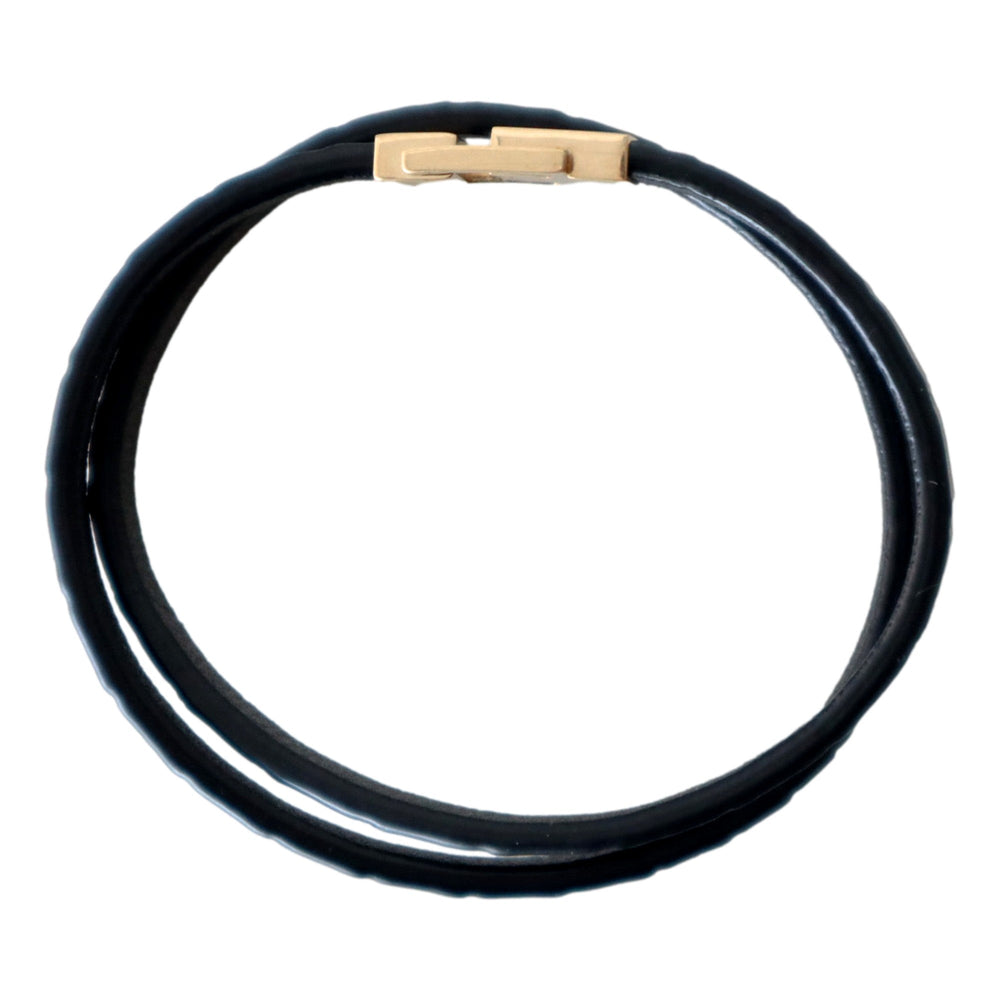 Saint Laurent Black Leather Thin Wrap Bracelet with Gold-Tone Engraved Clasp