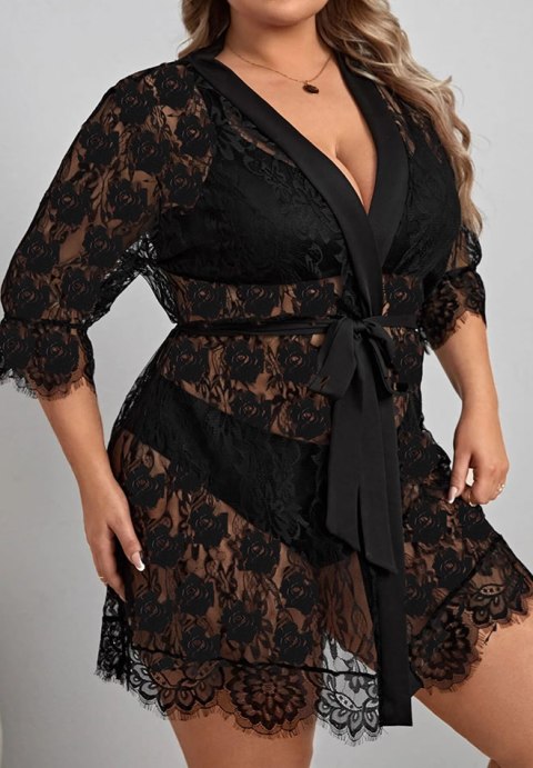 Plus Size Eyelash Lace Robe and G-String
